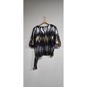 Siasia New York Vtg. Blk/Gld/Slv Lame Side Tie Holiday Blouse Size XS Made In US